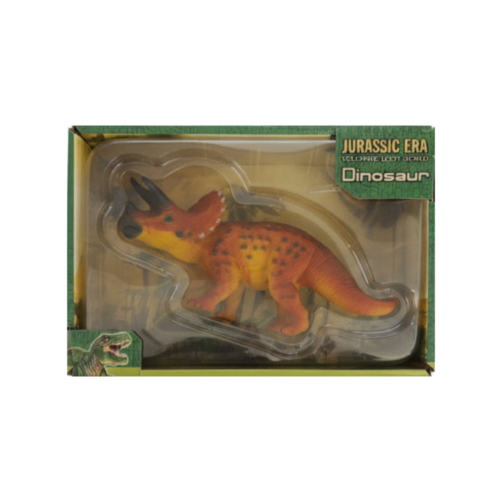Jurassic Era Triceratops Dinosaur Toy for Kids packaged in a clear box showcasing its vibrant colors and features.