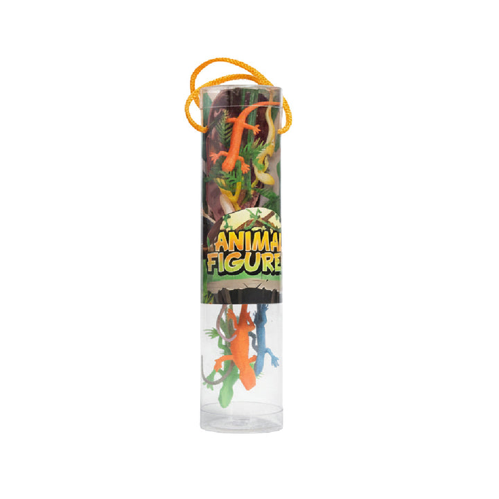Tube of Reptile Figures Collection for Kids, featuring colorful reptile figures in a clear storage tube.