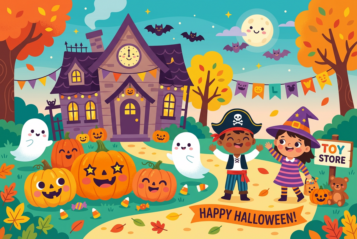 Colourful Halloween illustration with children dressed as a pirate and witch, smiling pumpkins, friendly ghosts and a spooky house.