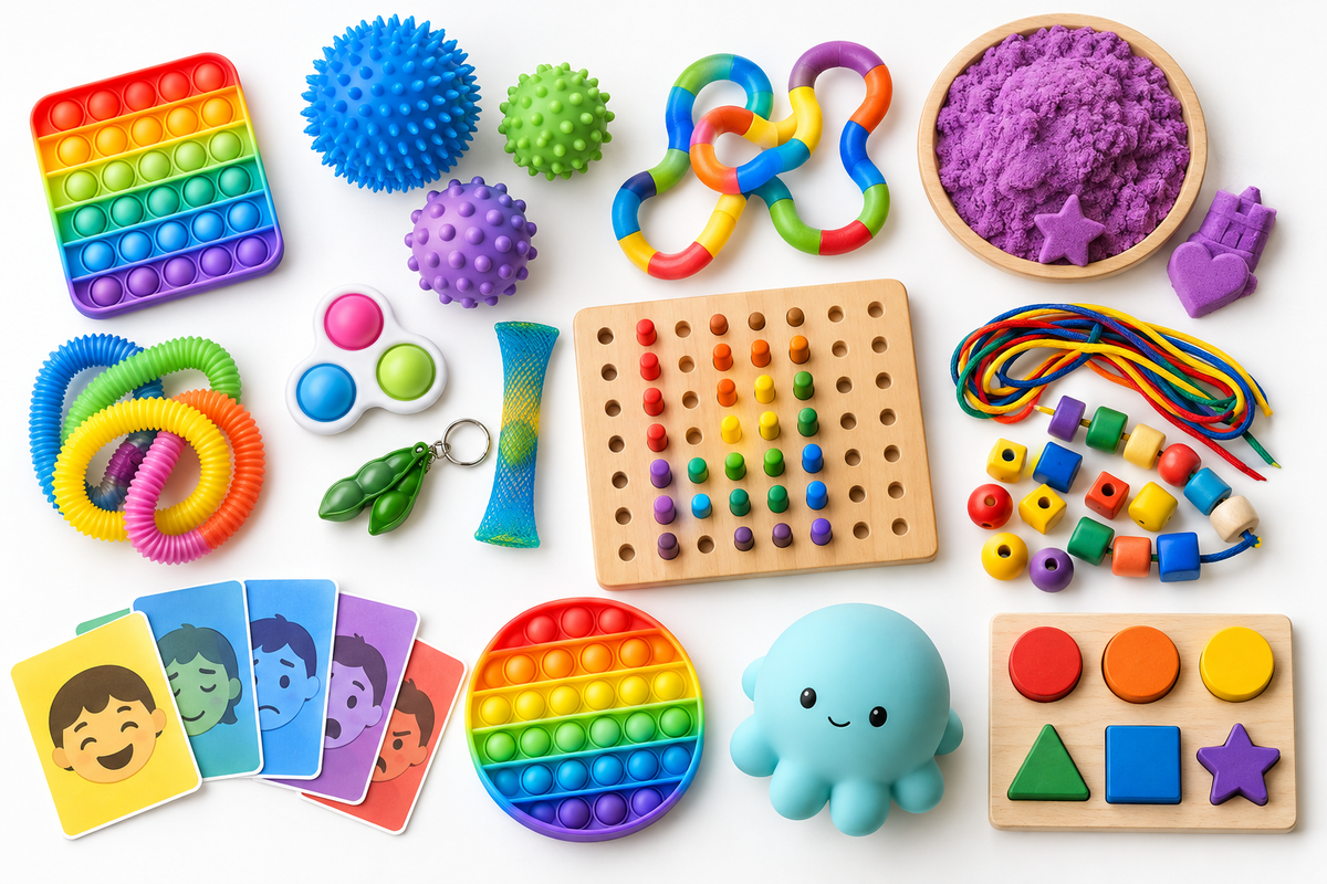 Colourful sensory and educational SEN toys including fidget toys, lacing beads and emotion cards