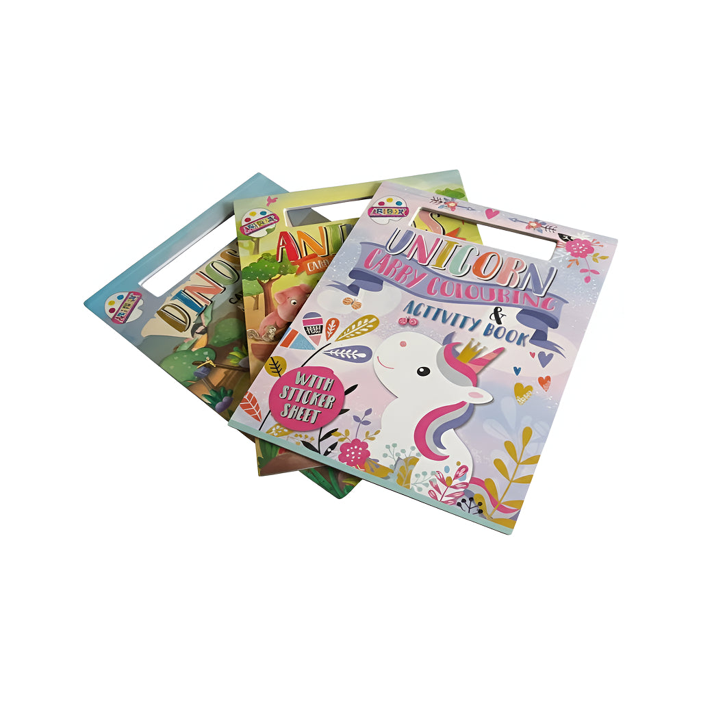 A4 Colouring Activity Pad featuring Unicorn, Animals, and Dinosaur designs with sticker sheet.