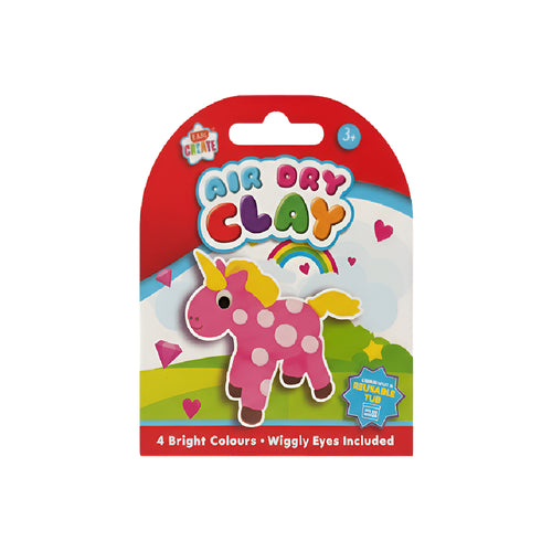 Air Dry Clay Unicorn Craft Kit for Kids featuring a pink unicorn with wiggly eyes and 4 bright colors.