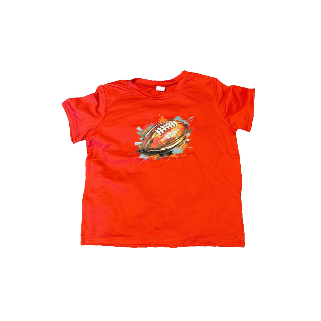 Boys American Football T Shirt in red featuring a graphic of a football, perfect for kids aged 7 years.
