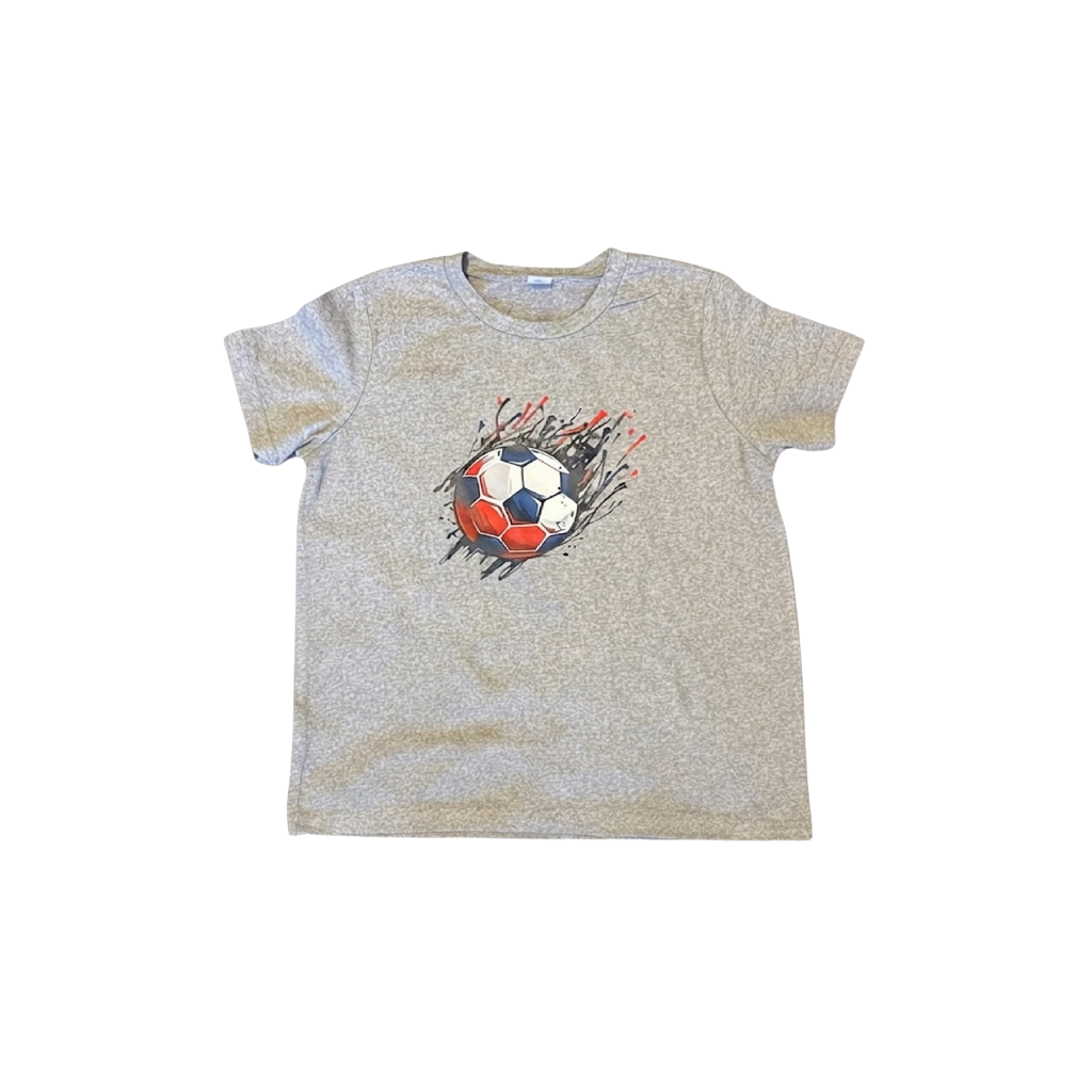 Boys Football T Shirt in grey with a vibrant soccer ball graphic, perfect for kids' sportswear.