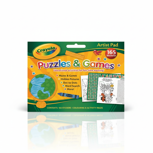Crayola Artist Pad featuring puzzles and games for kids, includes 165 stickers and various educational activity pages.