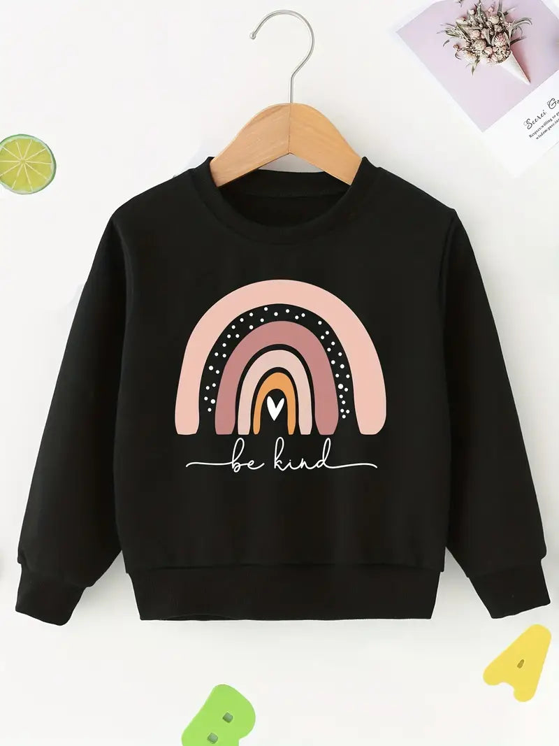 Rainbow "Be Kind" Kids Sweater Design with Off Shoulder Crew Neck Sweatshirt