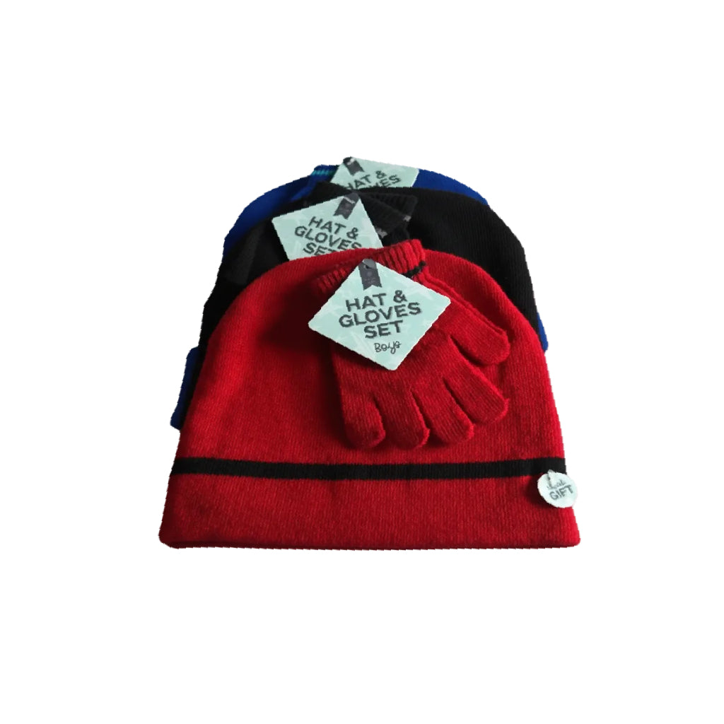 Boys Beanie Hat Gloves Set featuring red beanie and matching gloves, perfect for winter warmth and style.