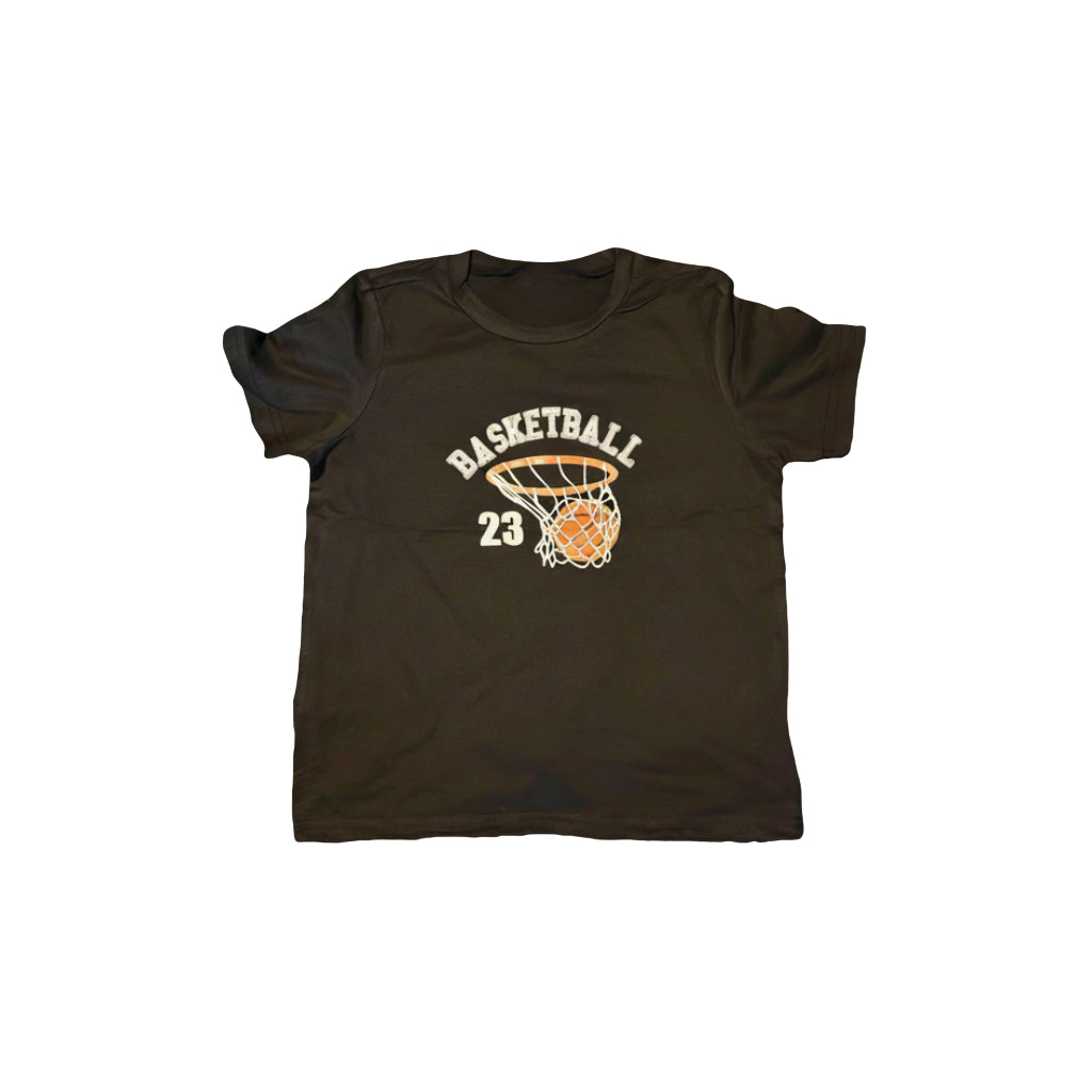Boys Basketball T Shirt in black with basketball graphic and number 23, perfect for active kids.