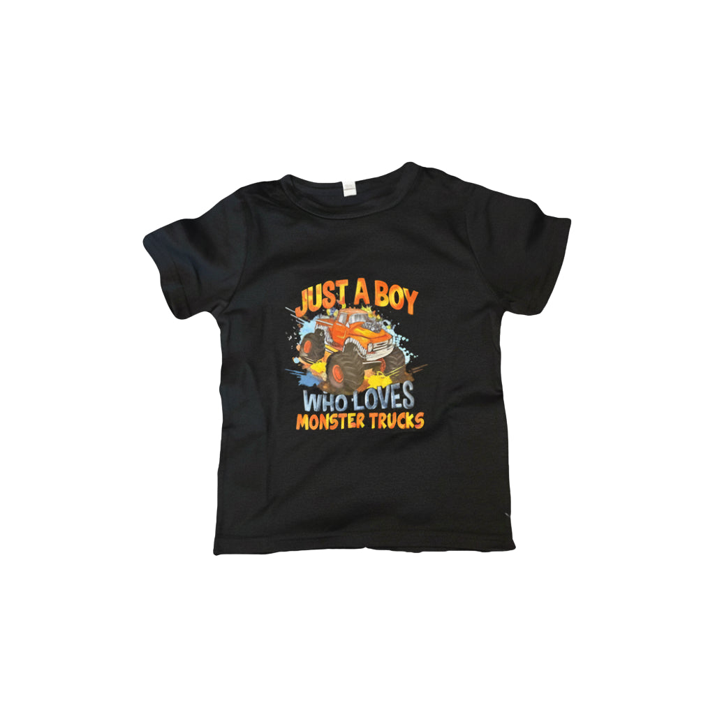 Boys Monster Truck T Shirt featuring vibrant graphic saying 'Just a Boy Who Loves Monster Trucks' on a black tee.