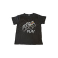 Boys Play T Shirt featuring game controllers and the word 'PLAY' in a cool graphic design on a black kids tee.