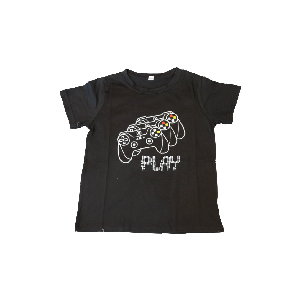 Boys Play T Shirt featuring game controllers and the word 'PLAY' in a cool graphic design on a black kids tee.