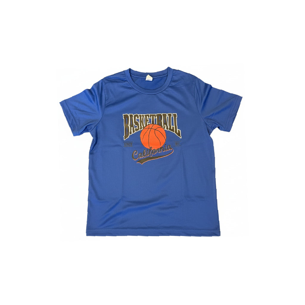 Boys Basketball T Shirt – Blue Kids Sports Tee featuring basketball graphic and California text.