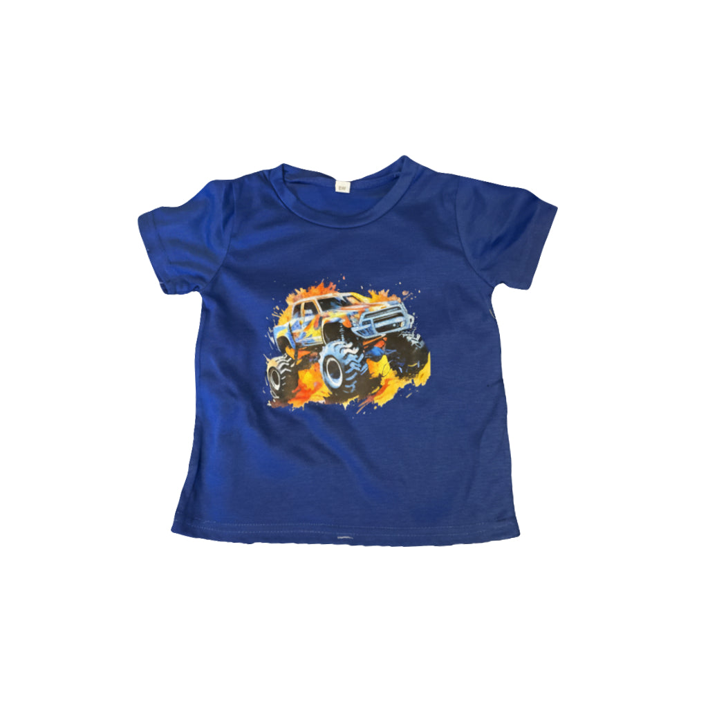 Boys Monster Truck T Shirt in blue featuring a colorful monster truck design, perfect for young vehicle fans.