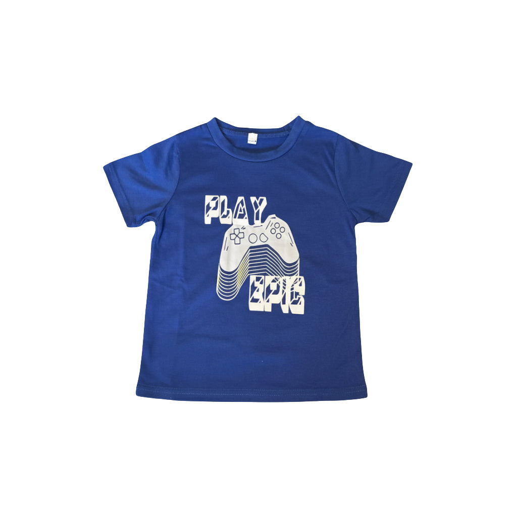 Boys Play Epic T Shirt – Blue Kids Graphic Tee featuring a video game controller design.