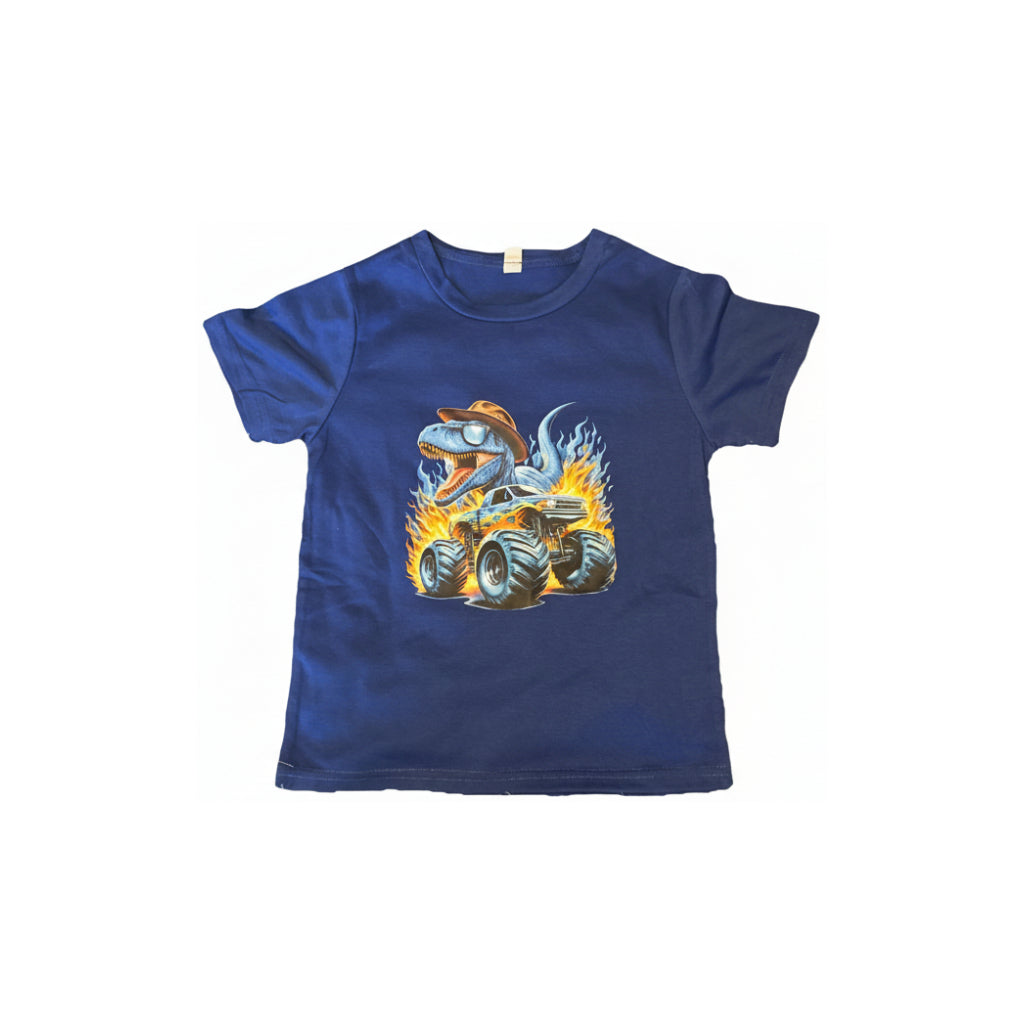 Boys Dinosaur Monster Truck T Shirt – Blue Kids Tee featuring a T-Rex driving a monster truck in flames.