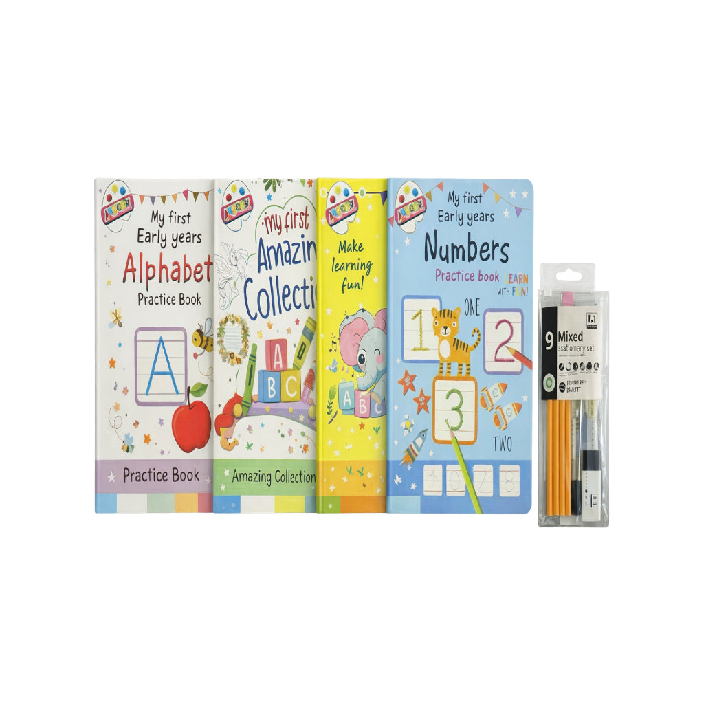 Early Years Practice Books Bundle featuring Alphabet, Amazing Collection, and Numbers practice books with stationery set.