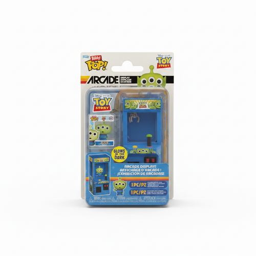 Funko Toy Story Alien Collectible in arcade claw packaging, glows dark, ideal for collectors aged 3 and up.