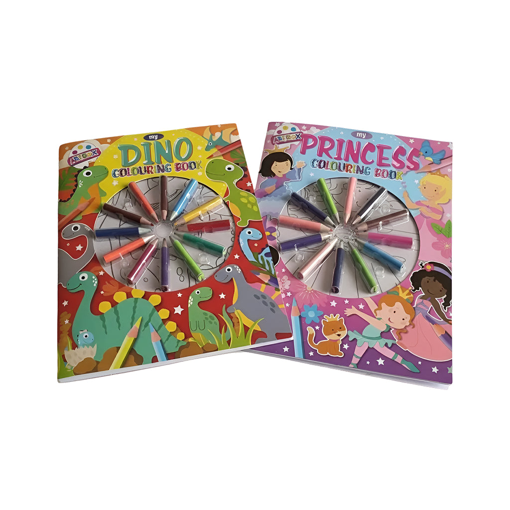 Colouring Book Pencil Set featuring Dinosaur and Princess designs with colored pencils for kids 3 years and up.