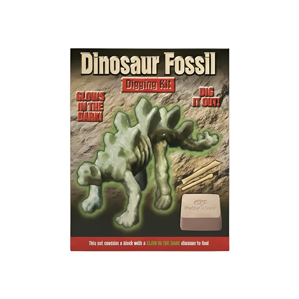 Dinosaur Fossil Digging Kit featuring a glow-in-the-dark dinosaur and excavation tools for kids.