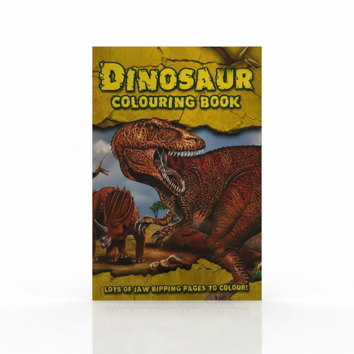 Dinosaur Colouring Book featuring vibrant dinosaur illustrations and fun caption about jaw ripping pages to colour.