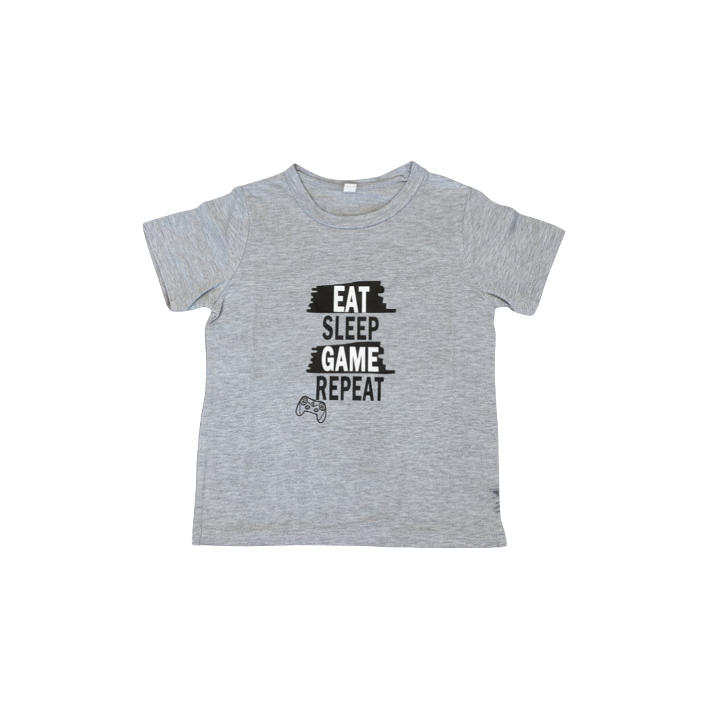 Boys Gaming T Shirt featuring the slogan Eat Sleep Game Repeat on a gray t-shirt.