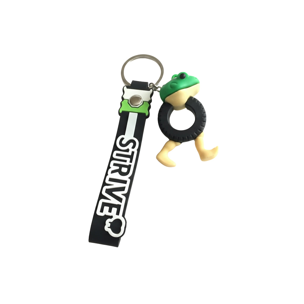 Frog Keychain for Kids featuring a colorful design with a rubber tire and a playful frog figure.