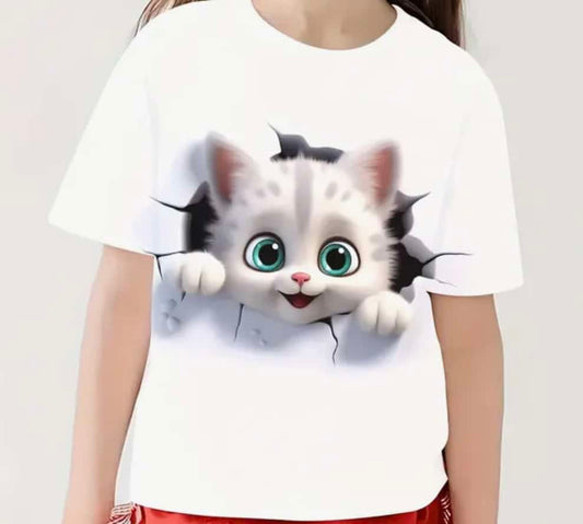 Girls White Kitten T Shirt - 5-6 Years