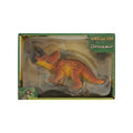 Jurassic Era Triceratops Dinosaur Toy for Kids packaged in a clear box showcasing its vibrant colors and features.