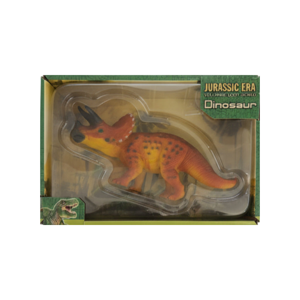 Jurassic Era Triceratops Dinosaur Toy for Kids packaged in a clear box showcasing its vibrant colors and features.