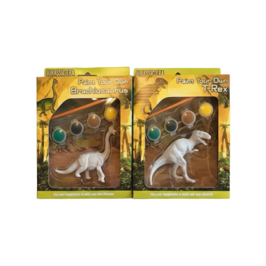 Paint Your Own Dinosaur 2 pack featuring Brachiosaurus and T-Rex kits with paint.