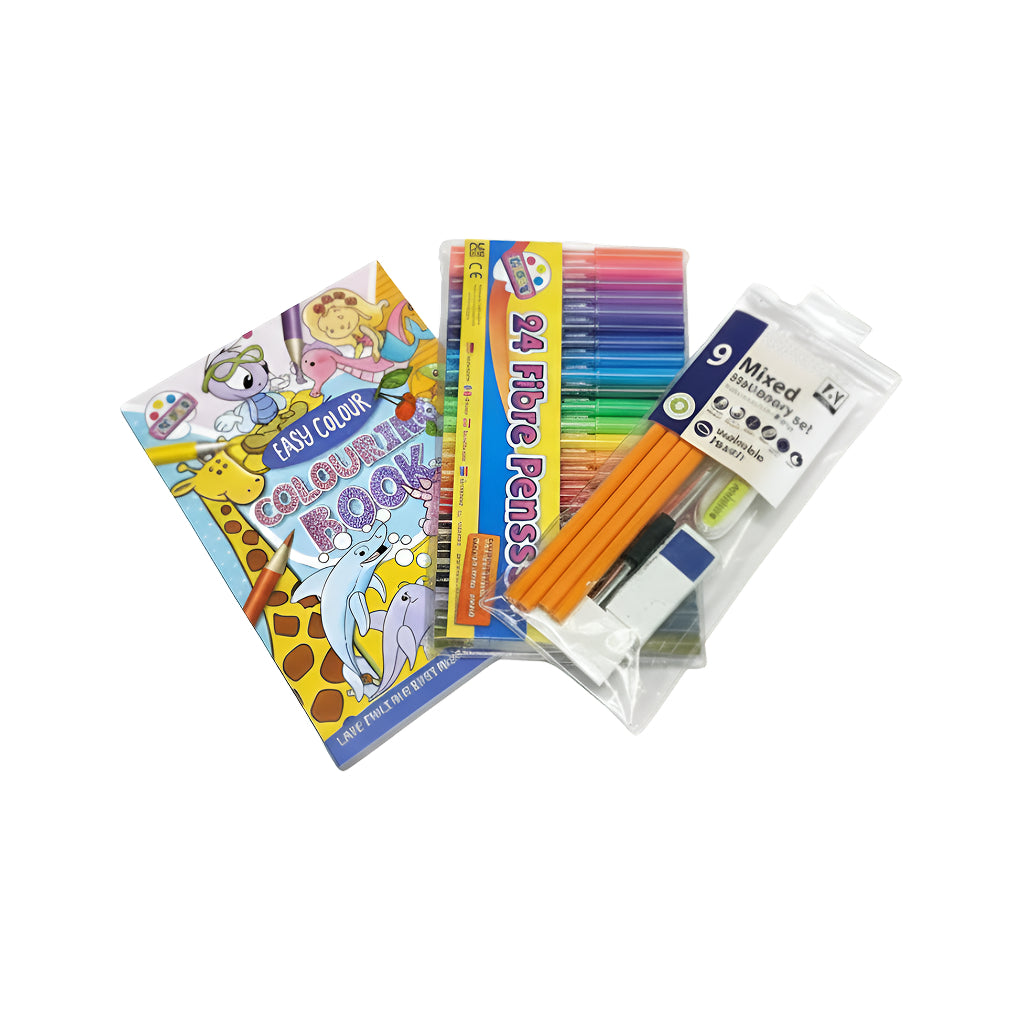 Kids Colouring Bundle – Blue Book, 24 Felt Pens & 9pc Stationery