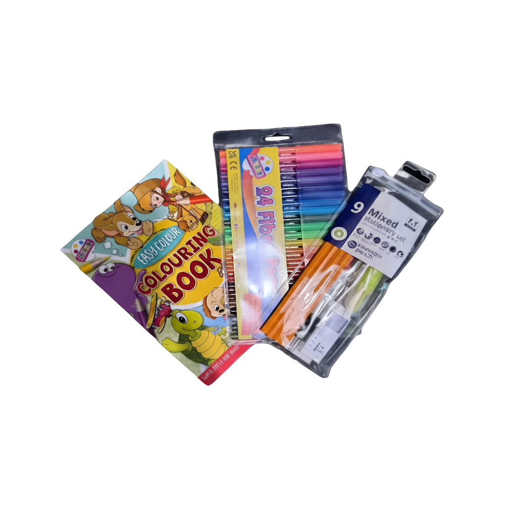 Kids Colouring Bundle – Book, 24 Felt Pens & 9pc Stationery Set