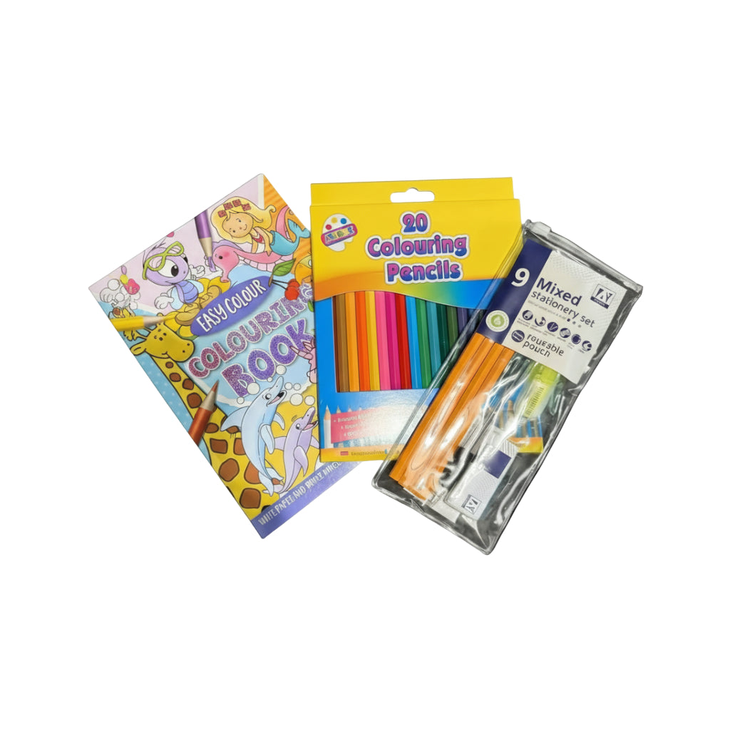 Kids Colouring Bundle – Blue Book, 20 Pencils & 9pc Stationery