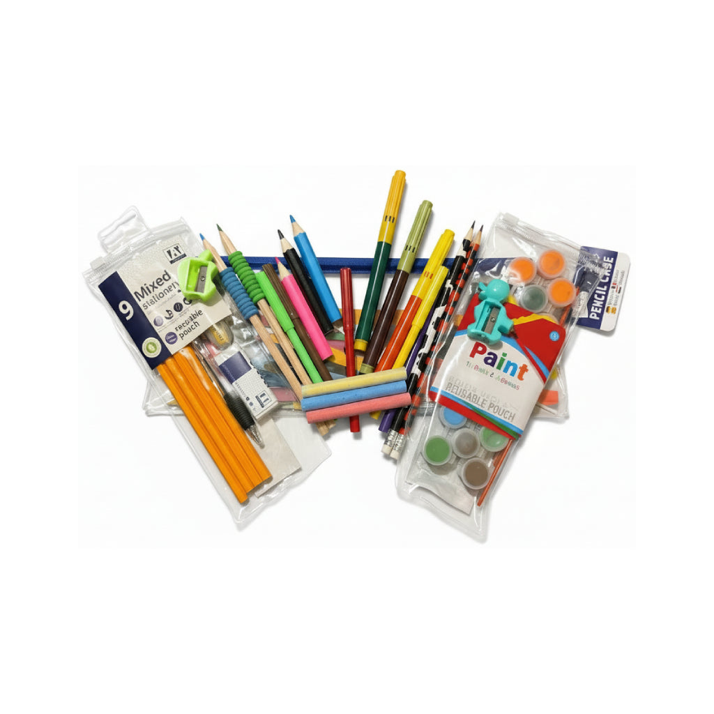 Kids Pencil Case Creative Set with colorful pencils, paint, and stationery items for art and drawing fun.