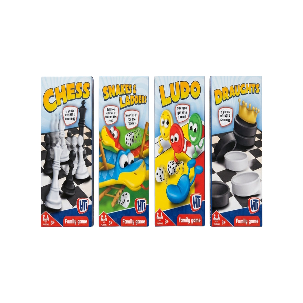 Magnetic Compact Games 4 Pack Travel Set featuring Chess, Snakes & Ladders, Ludo, and Draughts.