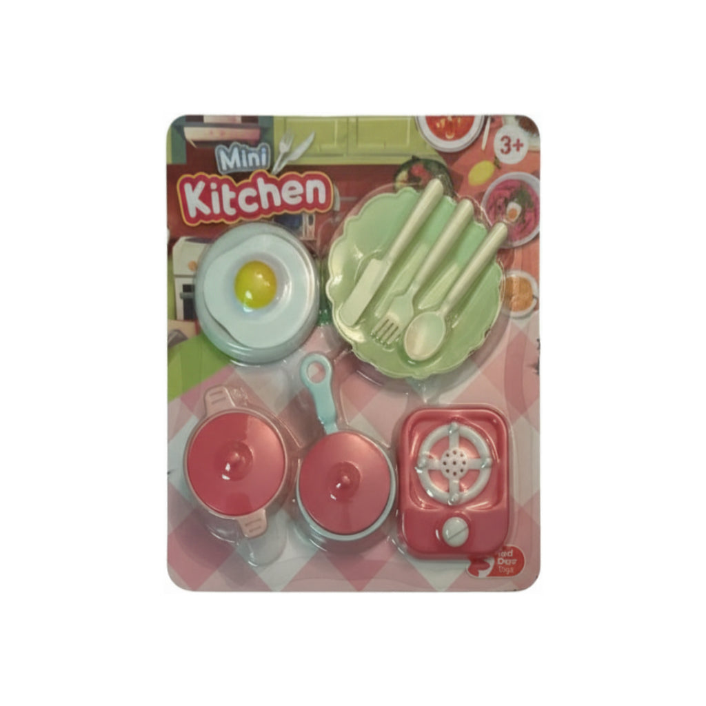 Mini Kitchen Play Set - Pretend cooking toy with utensils, pots, and a plate for imaginative play.