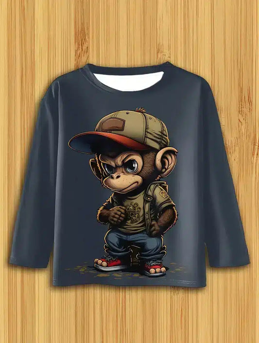 Boys Long Sleeve Casual Top - Printed Monkey - 9-10 Years