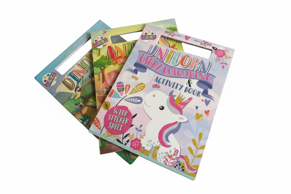 A4 Carry Colouring & Activity Pad with Sticker Page – Animals, Unicorn & Dinosaurs (3 Pack)