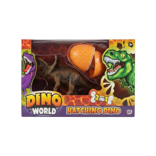 Hatching Dinosaur Toy Triceratops in packaging with orange egg, featuring imaginative play for ages 3 and up.