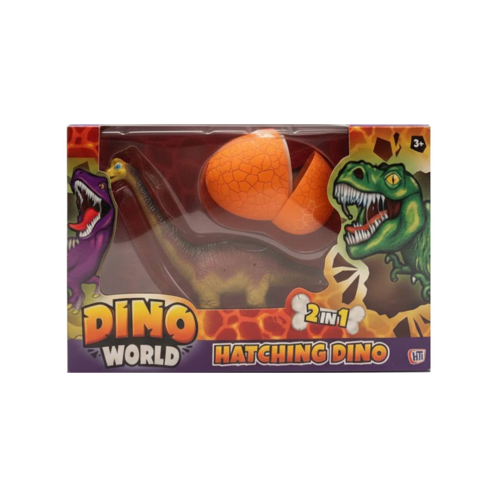 Hatching Dinosaur Toy Brontosaurus in packaging, featuring a 2-in-1 Dino Egg and colorful dinosaur designs.