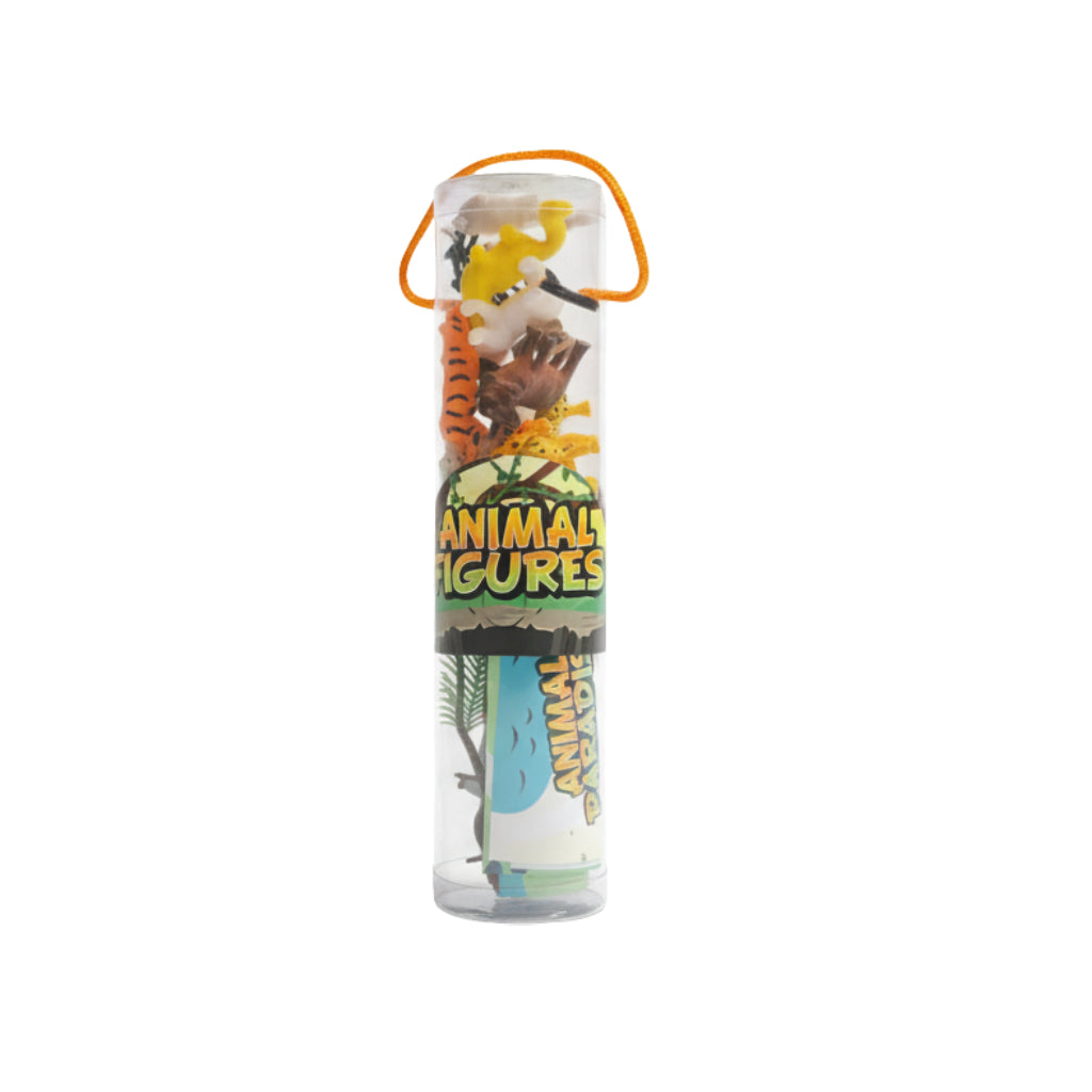 Tube of Zoo Animal Figures Collection for Kids, featuring various wild animal miniatures, perfect for imaginative play.