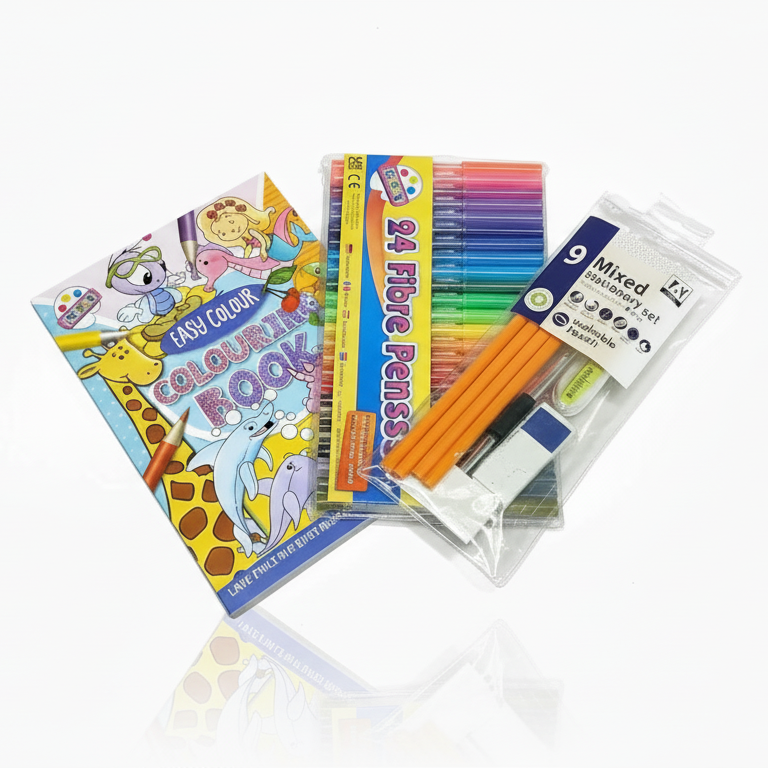 Kids Colouring Bundle – Blue Book, 24 Felt Pens & 9pc Stationery
