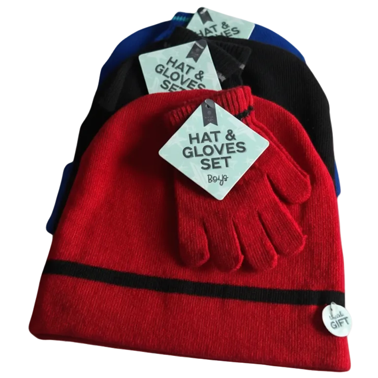 Boys Beanie Hat & Gloves Set - Black, Red, Blue