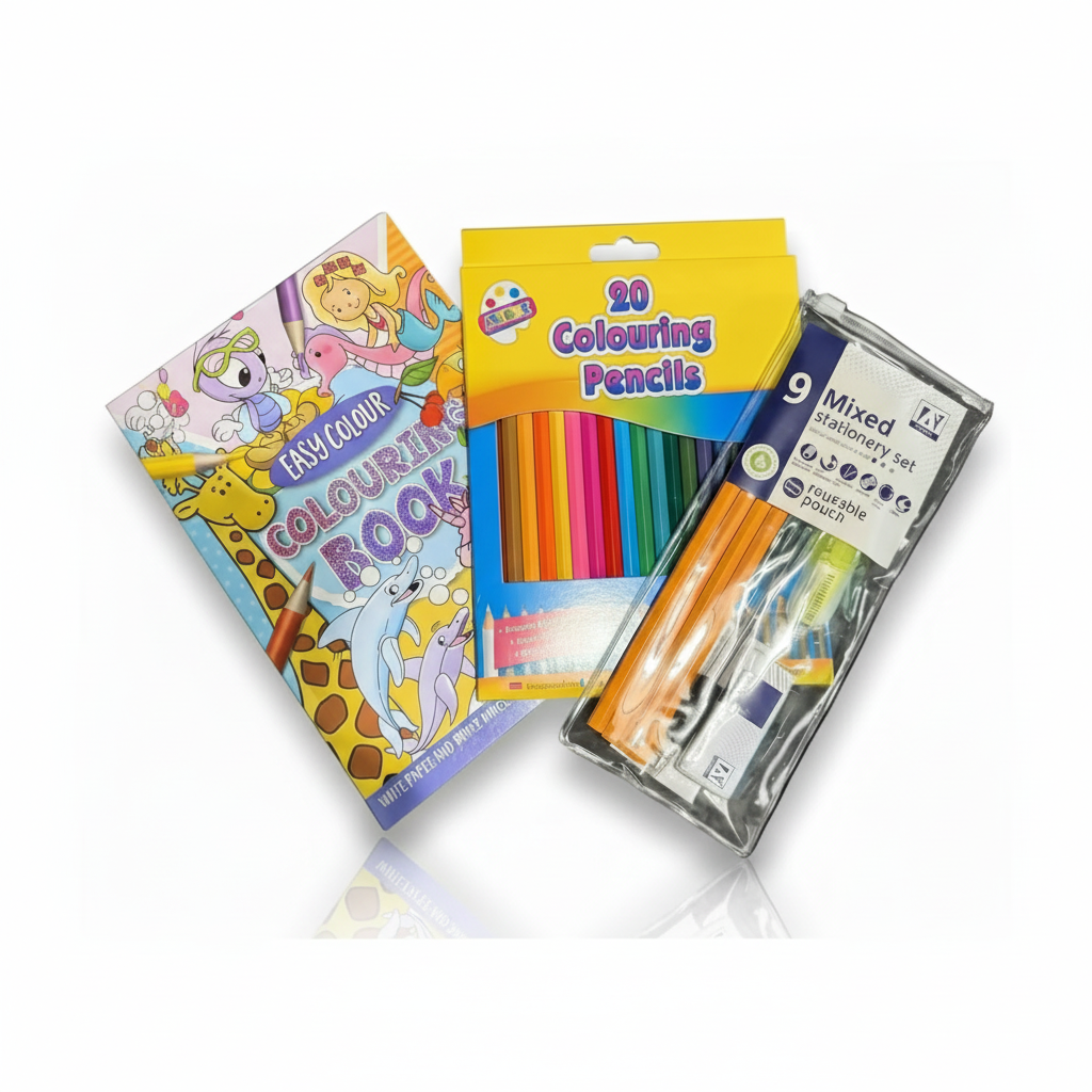 Kids Colouring Bundle – Blue Book, 20 Pencils & 9pc Stationery