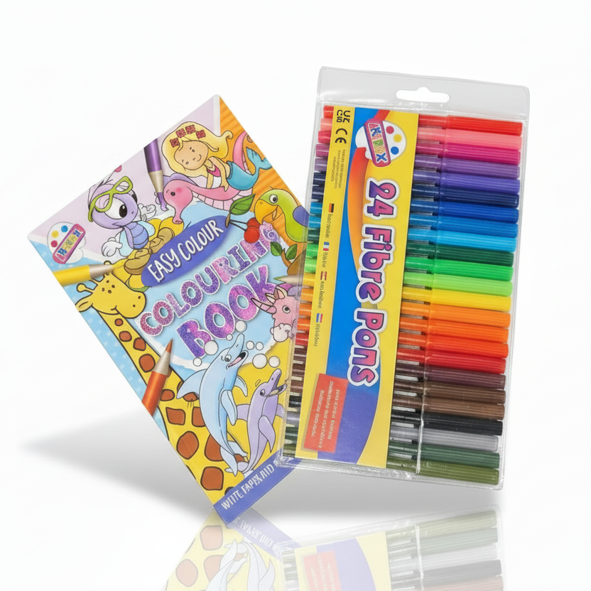 Kids Colouring Bundle – Blue Colouring Book & 24 Felt Pens.