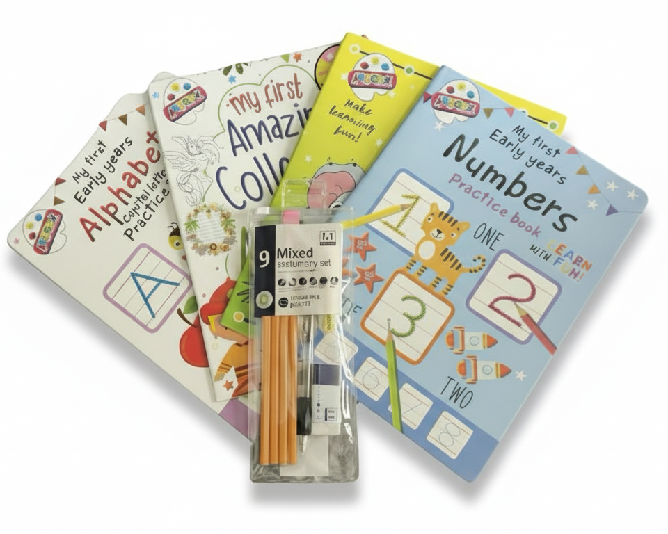 Bundle - My First Early Years Practice Books (4 Pack) and 9pc Stationery Set