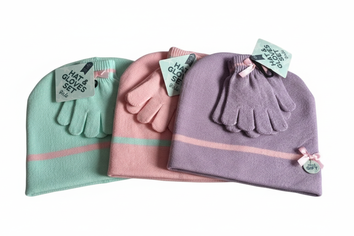 Girls Beanie Hat & Gloves Set - Lilac, Pink, Mint