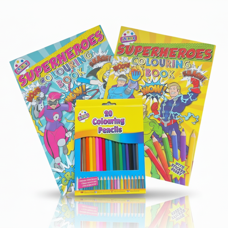 Kids Colouring Bundle – 2 Superhero Books & 20 Colour Pencils