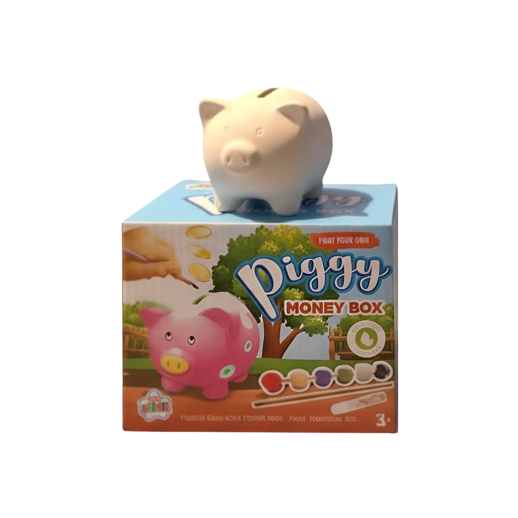 Paint Your Own Money Box Creative Craft Kit featuring a piggy money box and colorful paints.