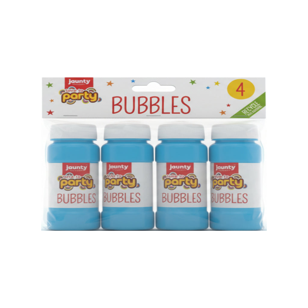 Party Non Toxic Bubbles 4 Pack featuring four blue bubble bottles for outdoor fun.